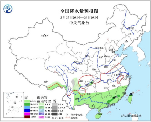 圖3 全國降水量預(yù)報圖(25日08時-26日08時)