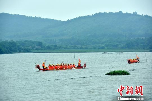 資料圖：江南水鄉(xiāng)端午節(jié)前龍舟“發(fā)船” 祈風(fēng)調(diào)雨順。龍舟在湖中辟波斬浪?！∪f朝暉 攝