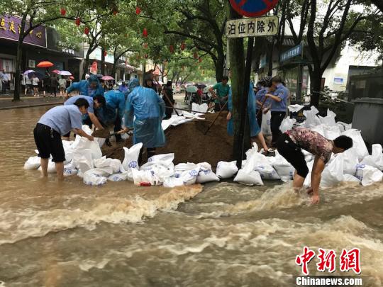 圖為蘭溪民眾協(xié)力堆沙包，嚴(yán)防死守汛情 奚金燕 攝