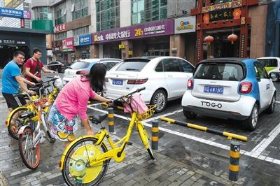 8月13日，蒲黃榆路，共享汽車停放在停車位上。