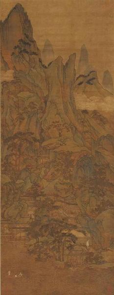 胡廷暉《春山泛艇圖》 絹本，青綠設(shè)色，縱143cm，橫55.5cm，北京故宮博物院藏