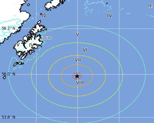 阿拉斯加地震可能波及的范圍示意圖。來源：美國地質(zhì)勘探局網(wǎng)站截圖。