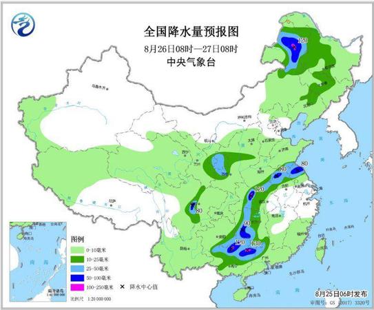 圖4 全國降水量預(yù)報(bào)圖(8月26日08時(shí)-27日08時(shí))